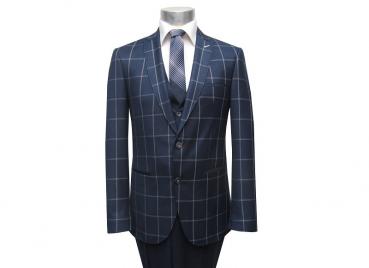 Muga Herrenanzug Blau Kariert Slim-fit