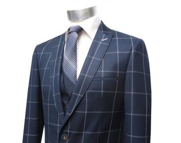 Muga Herrenanzug Blau Kariert Slim-fit