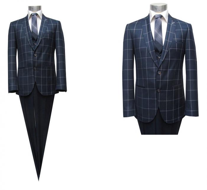 Muga Herrenanzug Blau Kariert Slim-fit