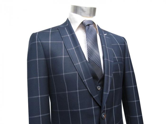Muga Herrenanzug Blau Kariert Slim-fit