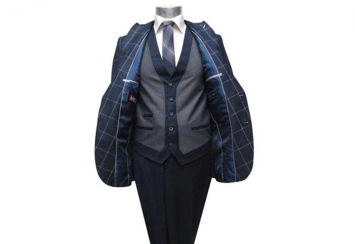 Muga Herrenanzug Blau Kariert Slim-fit