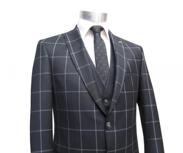 Muga Herrenanzug Blau Kariert Slim-fit